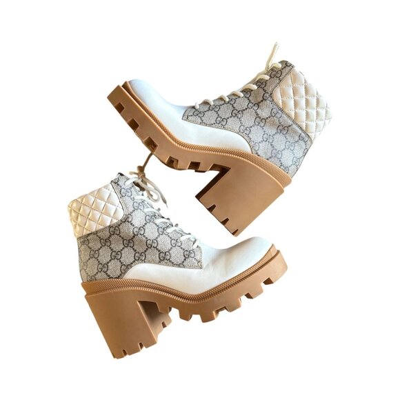 GUCCI Apollo GG Monogram Combat Boots EU 38 US 8 White Beige Leather Canvas Samo - Picture 3 of 10